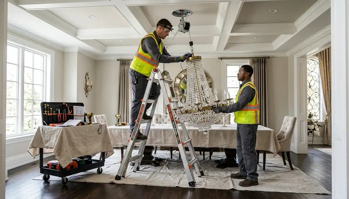 Professional chandelier installation by an electrician in a Sarasota, FL home