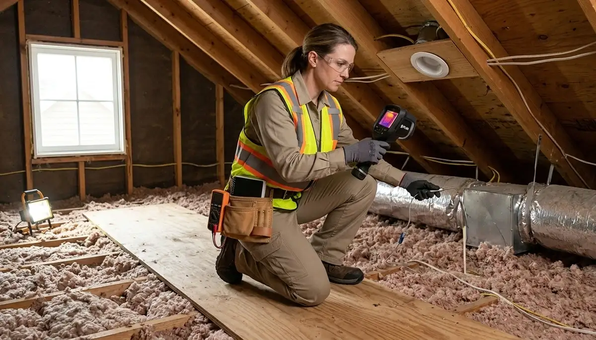 Electrician inspecting a home electrical panel during an energy audit in Sarasota, Florida