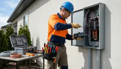 Electrician installing lightning surge protection in a Sarasota, FL home electrical panel