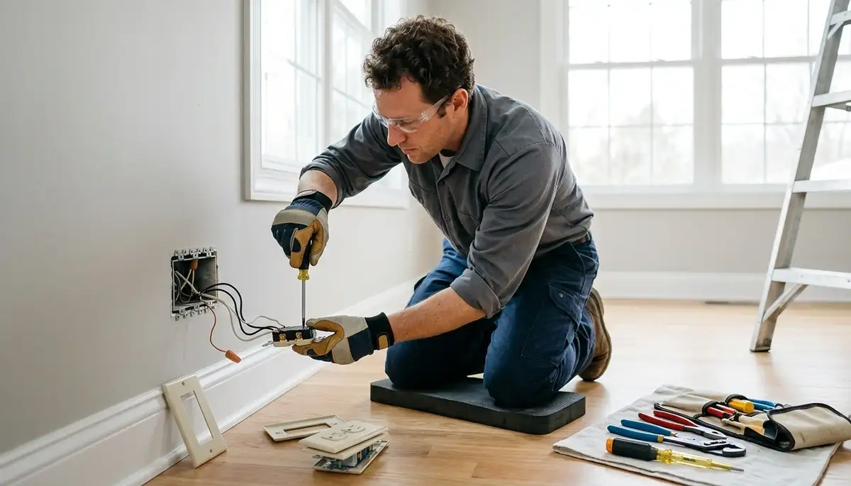 Electrician repairing a residential outlet in Sarasota, FL homes