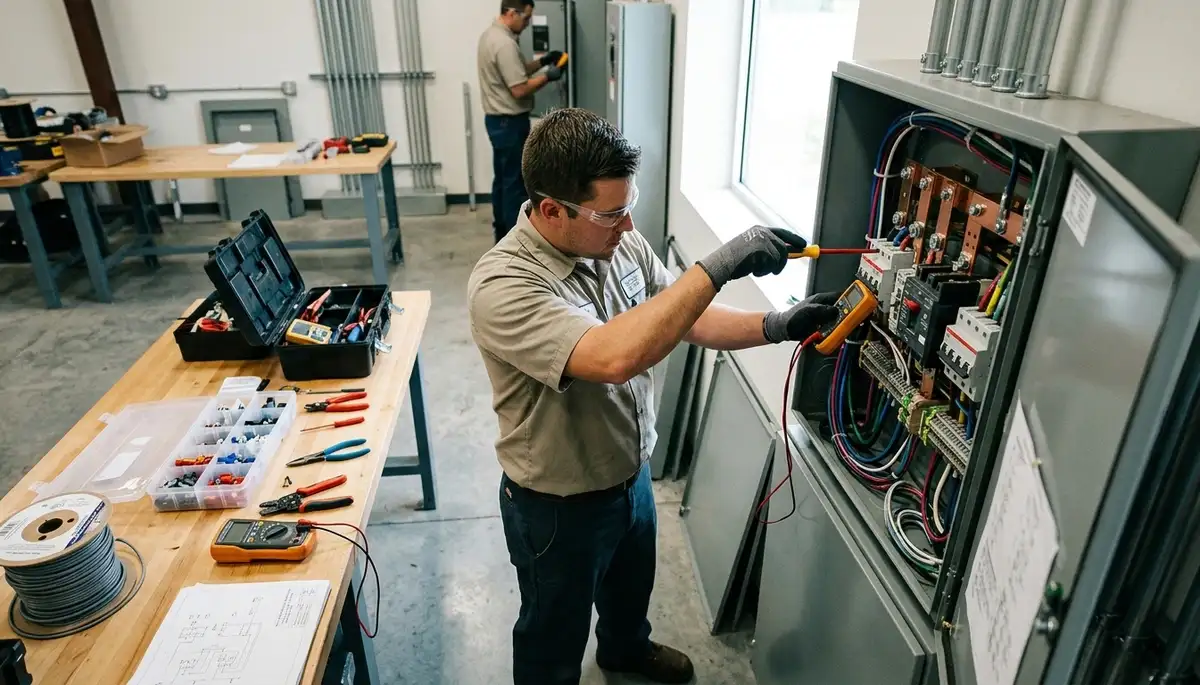 Electrician repairing a wall light switch in a Sarasota, FL home